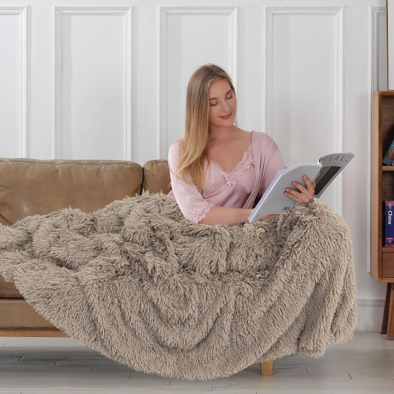 Tuddrom Decorative Extra Soft Faux Fur Throw Blanket 70""x78"" Solid Reversible Fuzzy Lightweight Long Hair Shaggy Blanket Fluffy Cozy Plush Fleece Comfy Microfiber Blanket for Couch Sofa Bed Khaki - Image 3